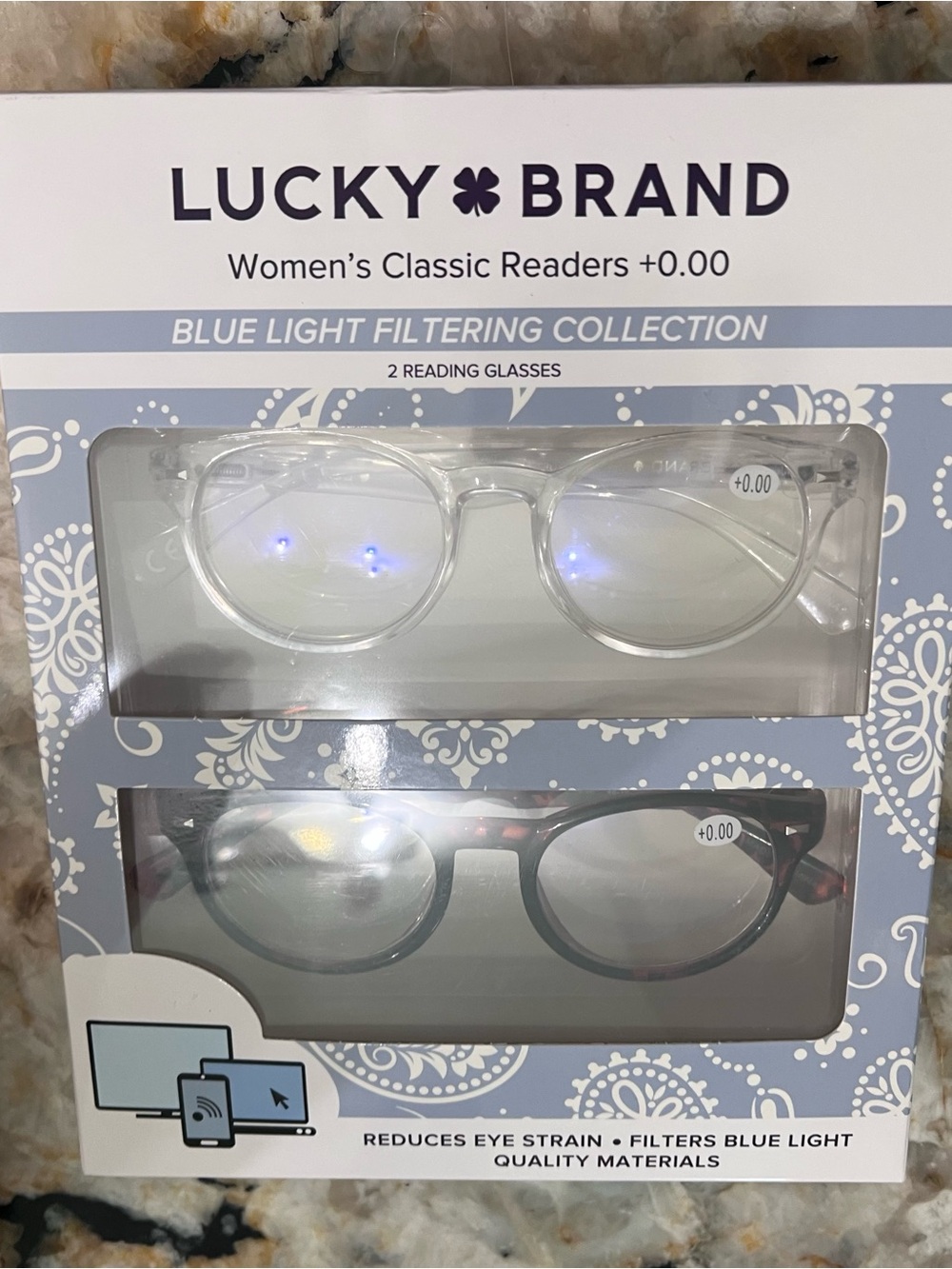 Lucky Brand Women's Classic Blue Light Readers 0.0+ clear glasses 2 pk pair NEW